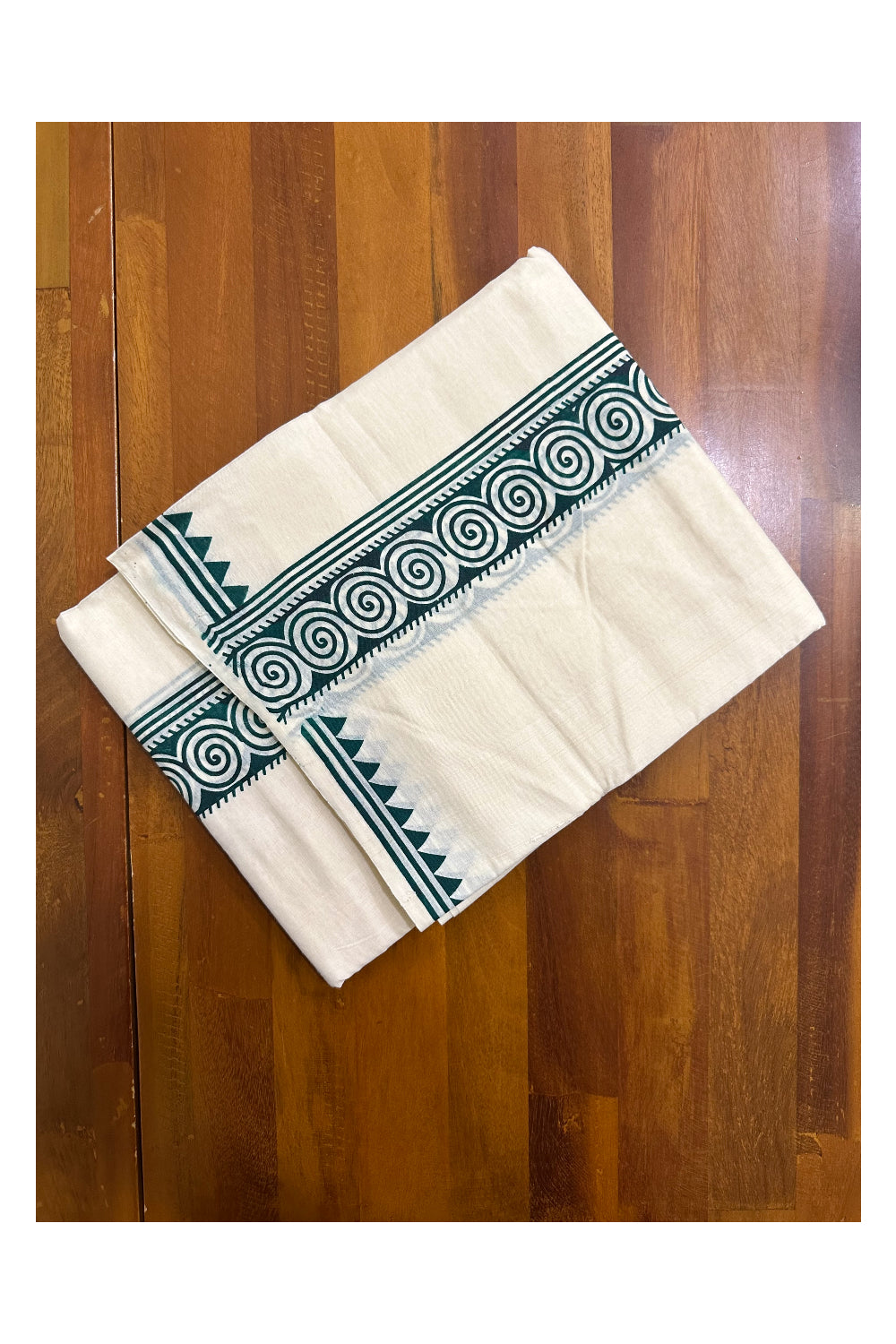 Pure Cotton Off White Double Mundu with Green Block Prints On Border (South Indian Kerala Dhoti)