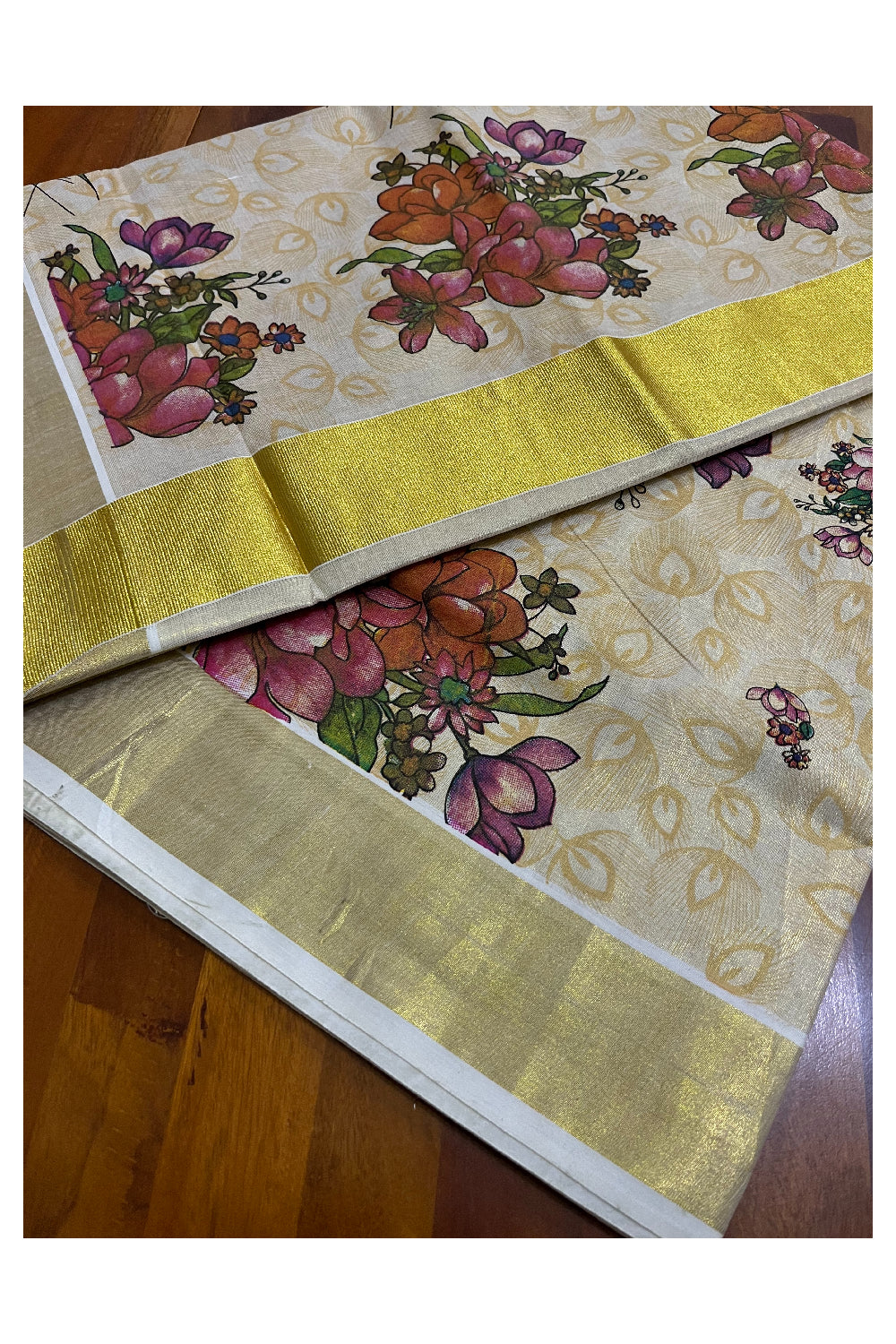 Kerala Tissue Saree with Floral Block Printed Designs with Kasavu Border