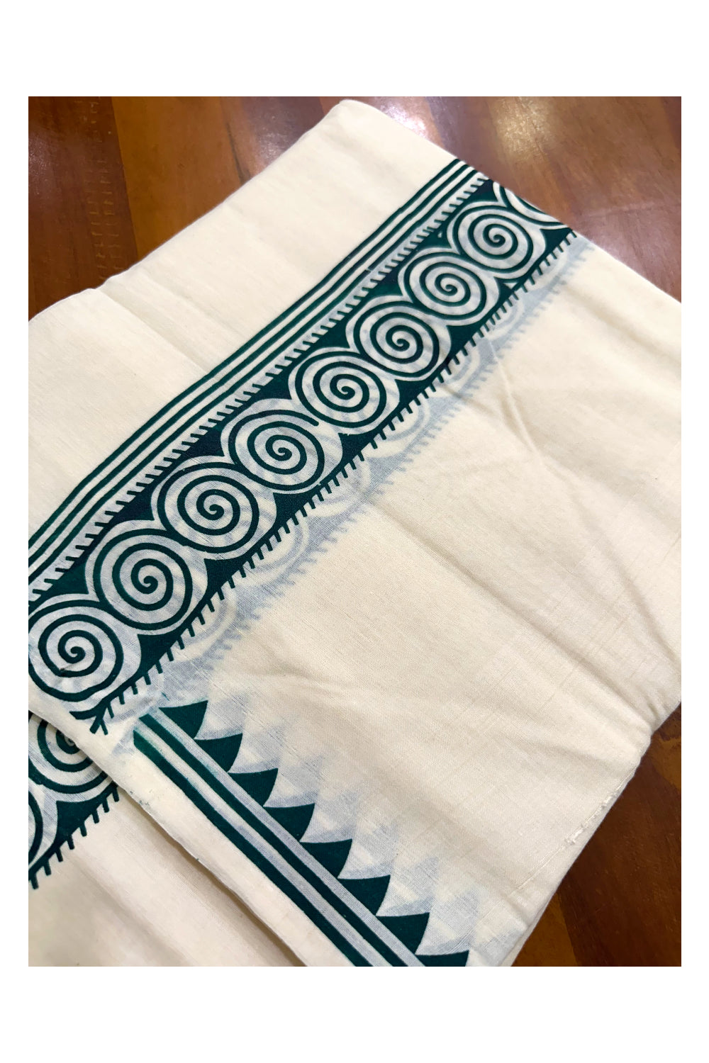 Pure Cotton Off White Double Mundu with Green Block Prints On Border (South Indian Kerala Dhoti)