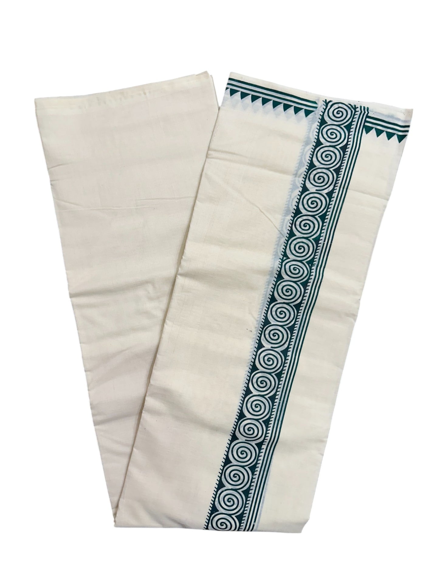 Pure Cotton Off White Double Mundu with Green Block Prints On Border (South Indian Kerala Dhoti)