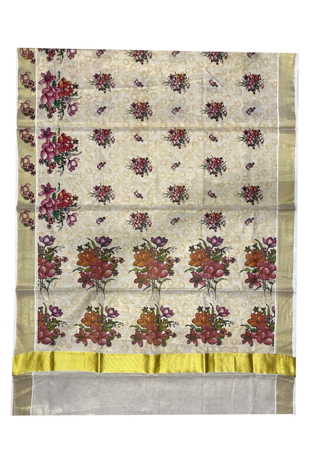 Kerala Tissue Saree with Floral Block Printed Designs with Kasavu Border