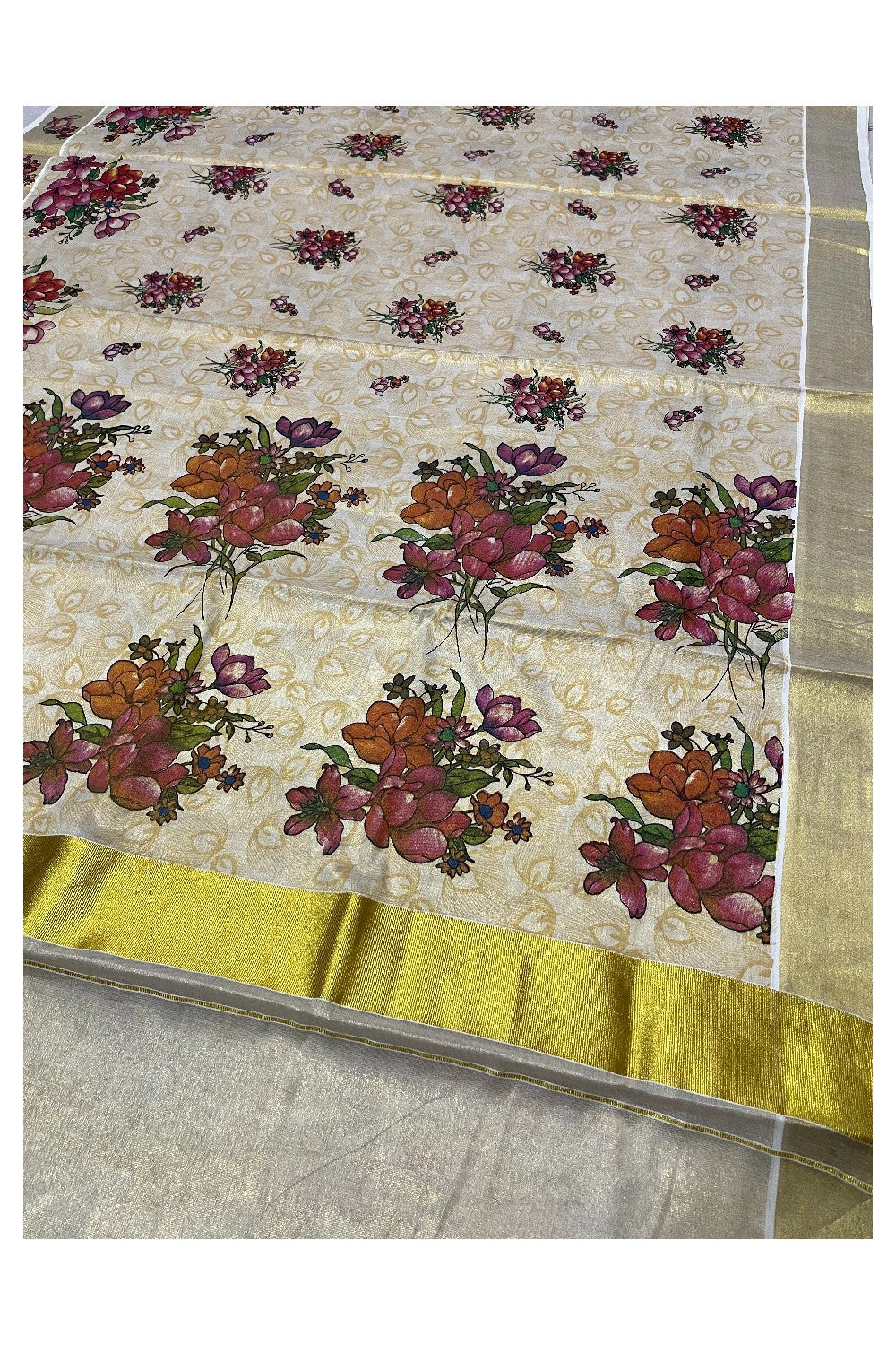 Kerala Tissue Saree with Floral Block Printed Designs with Kasavu Border