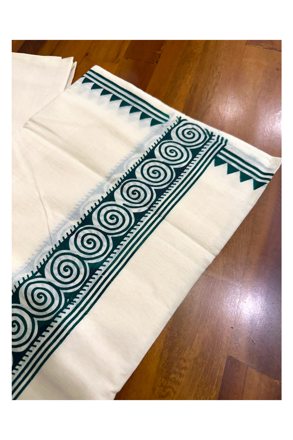 Pure Cotton Off White Double Mundu with Green Block Prints On Border (South Indian Kerala Dhoti)