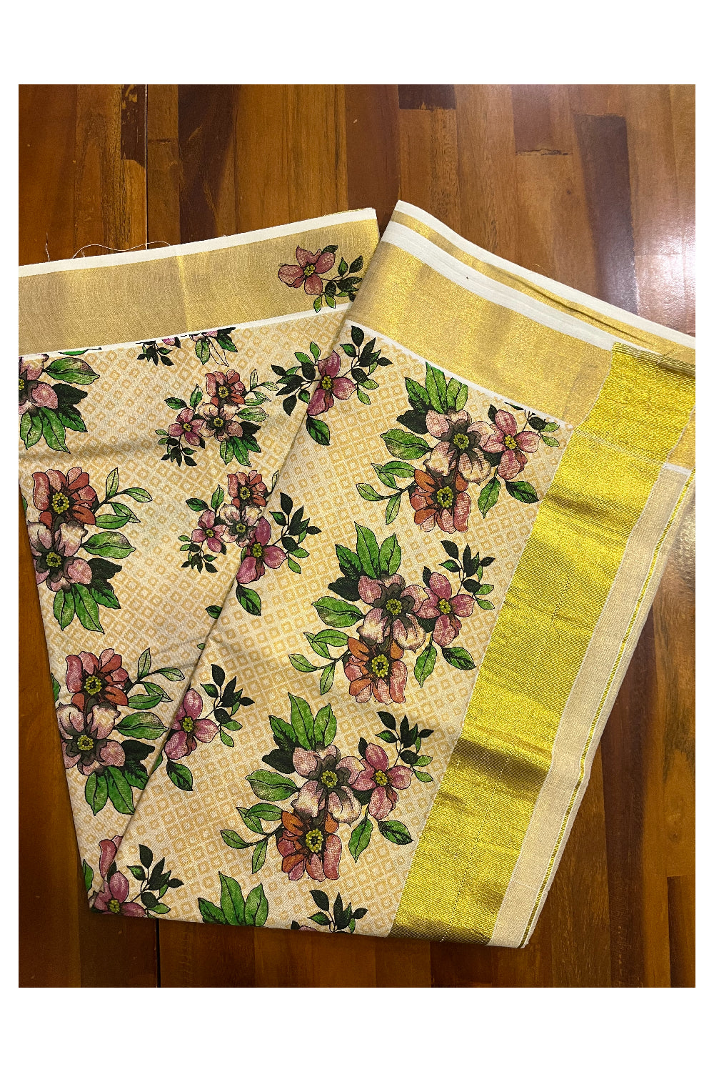 Kerala Tissue Saree with Floral Block Printed Designs with Kasavu Border