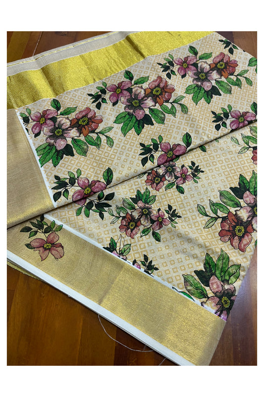 Kerala Tissue Saree with Floral Block Printed Designs with Kasavu Border