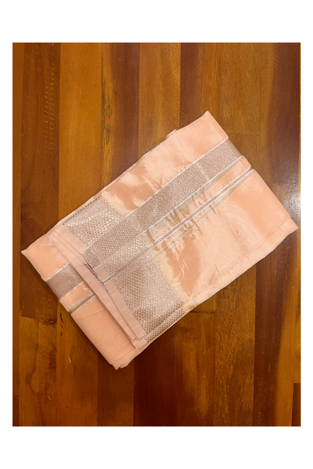 Southloom Semi Silk Peach Mundu with Kasavu Woven Border (South Indian Kerala Dhoti)