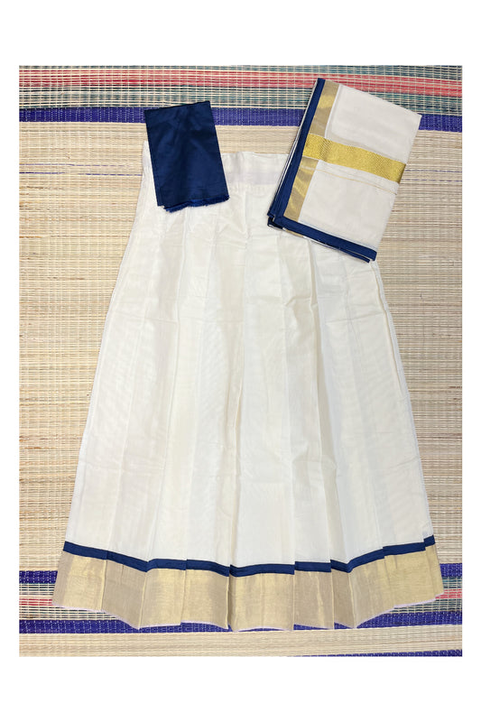 Southloom Semi Stitched Cotton Dhavani Set with Blue Border and Blouse Piece