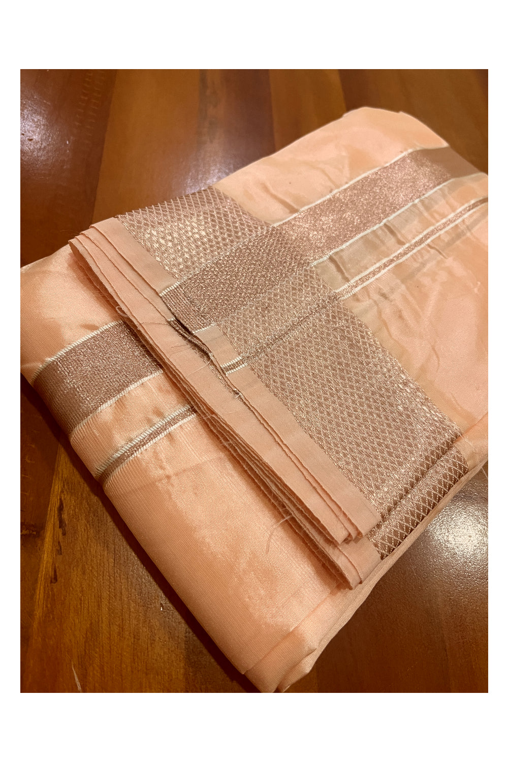 Southloom Semi Silk Peach Mundu with Kasavu Woven Border (South Indian Kerala Dhoti)