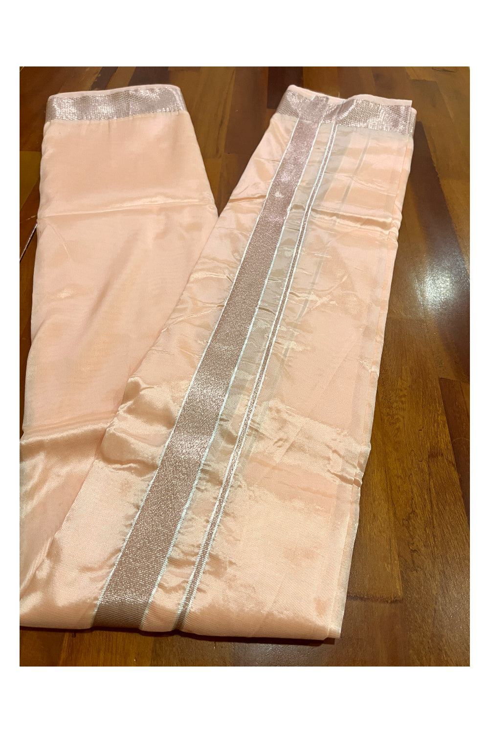 Southloom Semi Silk Peach Mundu with Kasavu Woven Border (South Indian Kerala Dhoti)