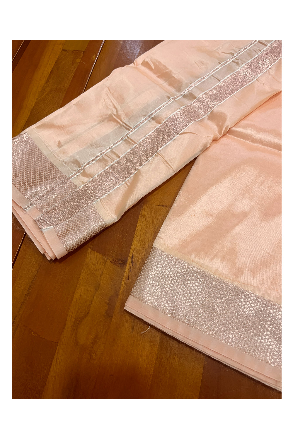 Southloom Semi Silk Peach Mundu with Kasavu Woven Border (South Indian Kerala Dhoti)