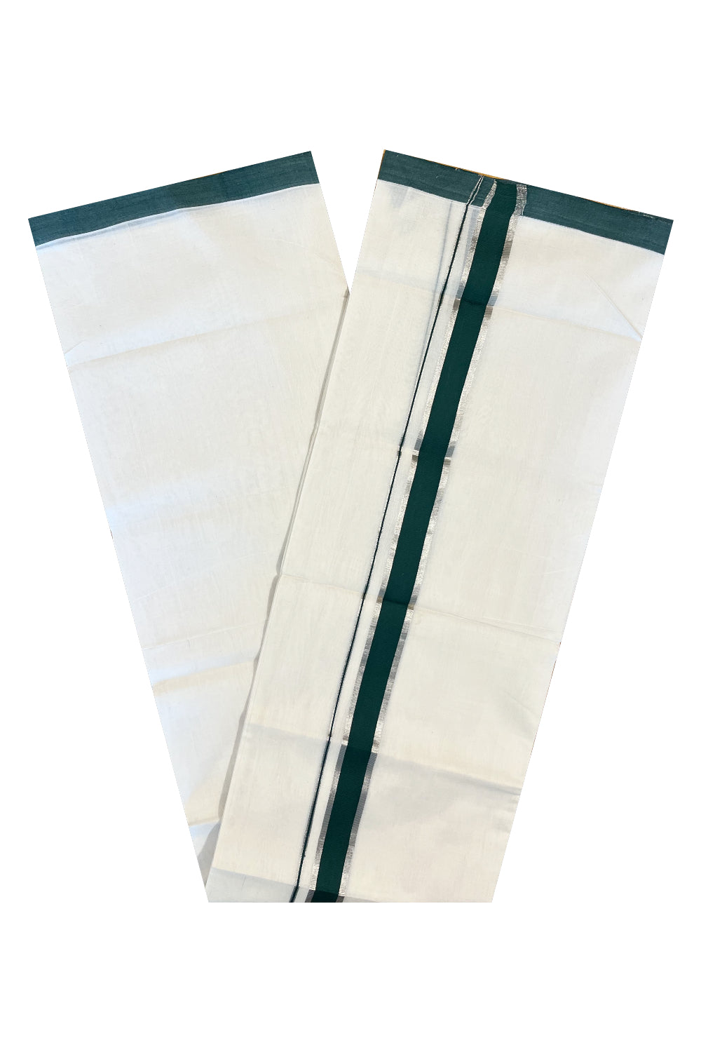 Southloom Premium Handloom Cotton Double Mundu with Silver Kasavu And Green Border