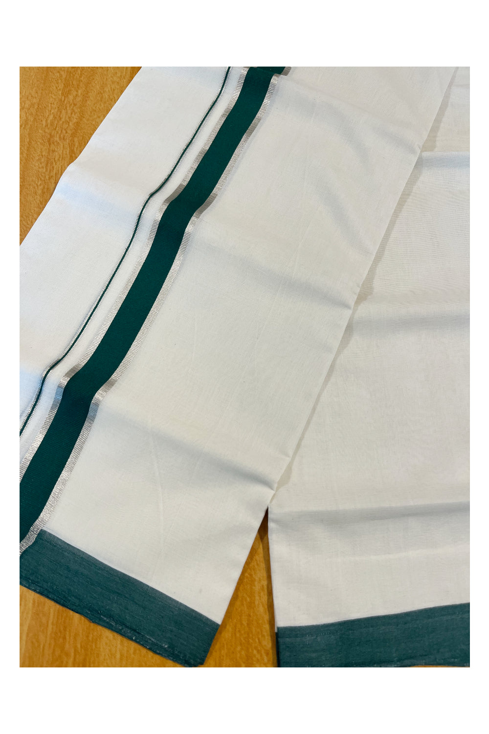 Southloom Premium Handloom Cotton Double Mundu with Silver Kasavu And Green Border