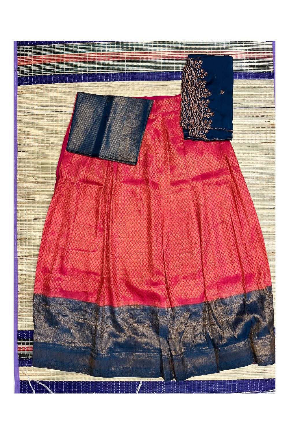 Southloom Semi Stitched Semi Silk Pink Dhavani Set include Blue Neriyathu and Blouse Piece