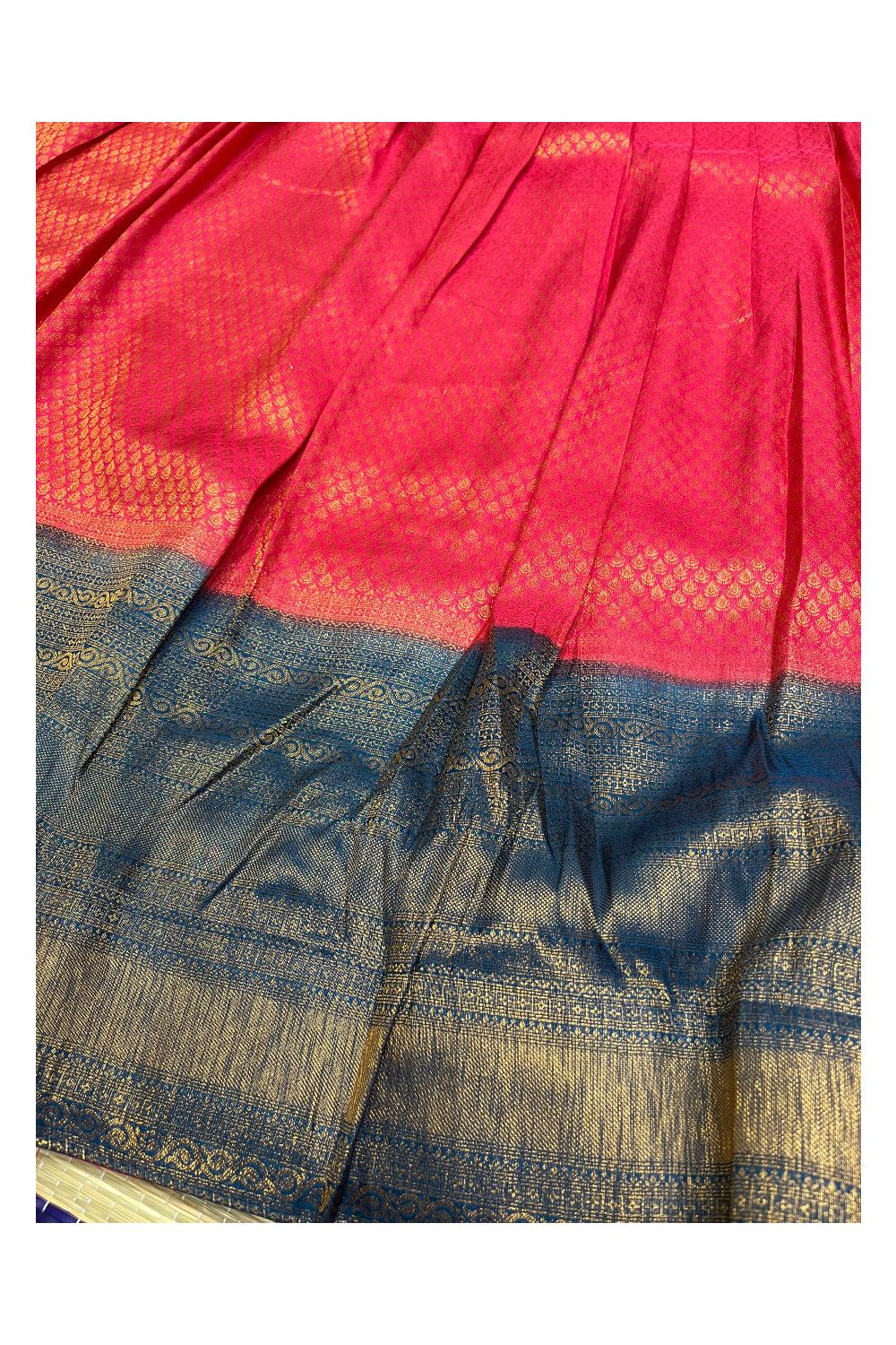 Southloom Semi Stitched Semi Silk Pink Dhavani Set include Blue Neriyathu and Blouse Piece