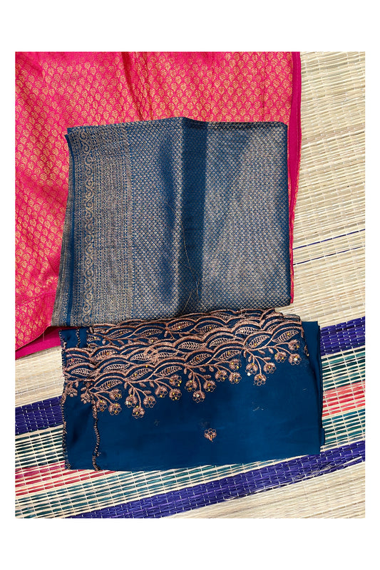 Southloom Semi Stitched Semi Silk Pink Dhavani Set include Blue Neriyathu and Blouse Piece