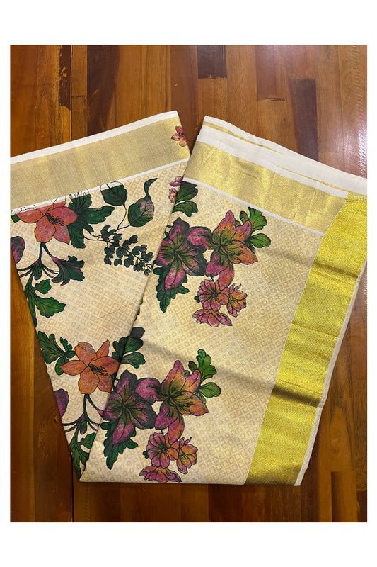 Kerala Tissue Saree with Floral Block Printed Designs with Kasavu Border