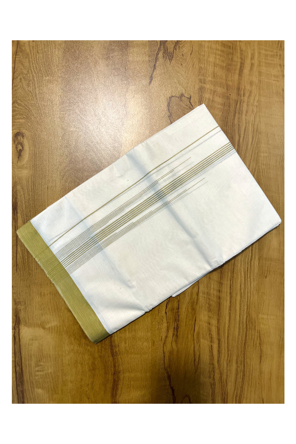 Pure Cotton Off White Double Mundu with Green Lines Border (South Indian Kerala Dhoti)