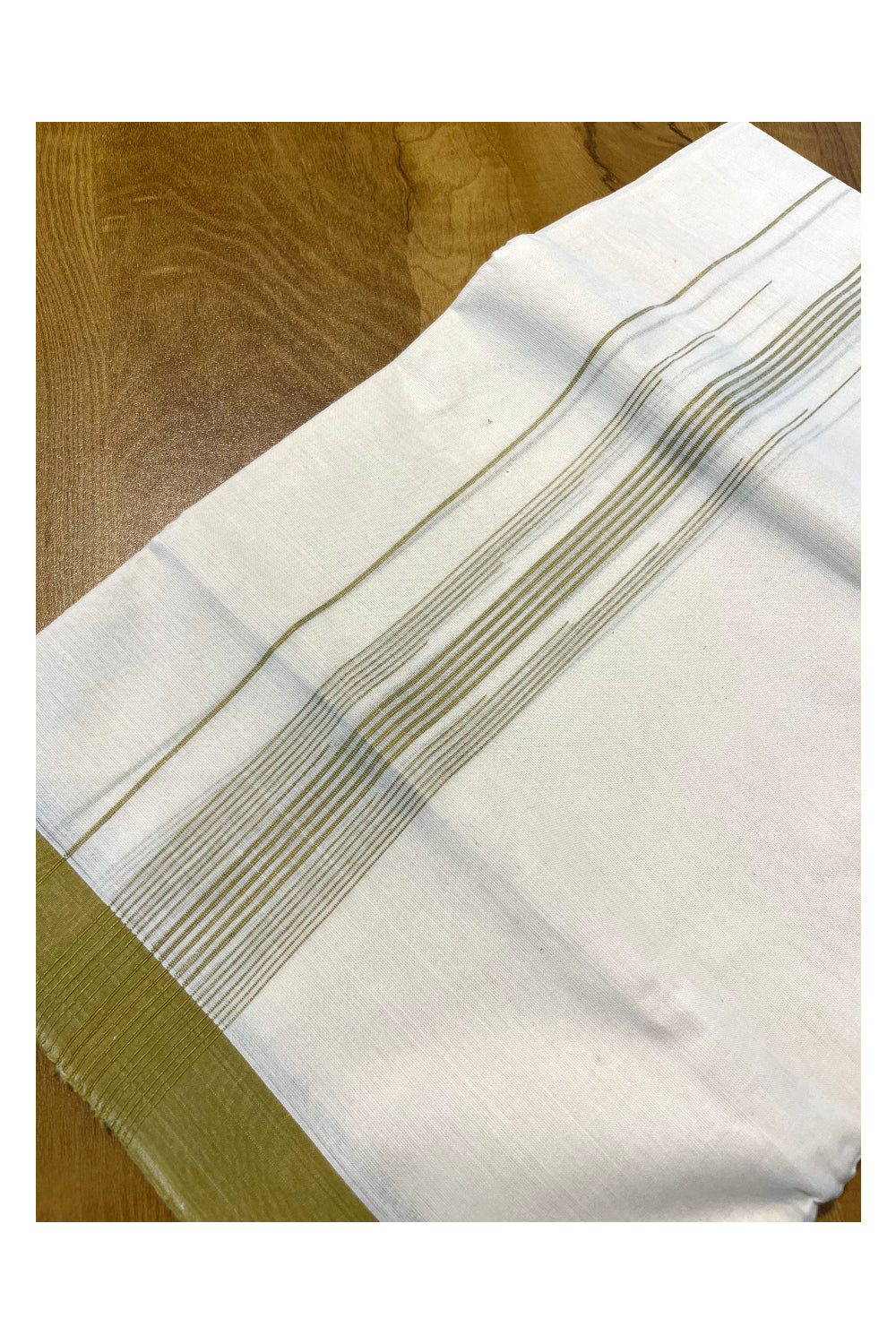 Pure Cotton Off White Double Mundu with Green Lines Border (South Indian Kerala Dhoti)