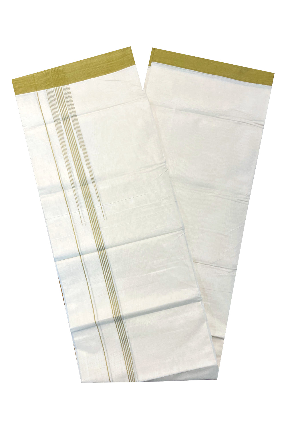 Pure Cotton Off White Double Mundu with Green Lines Border (South Indian Kerala Dhoti)