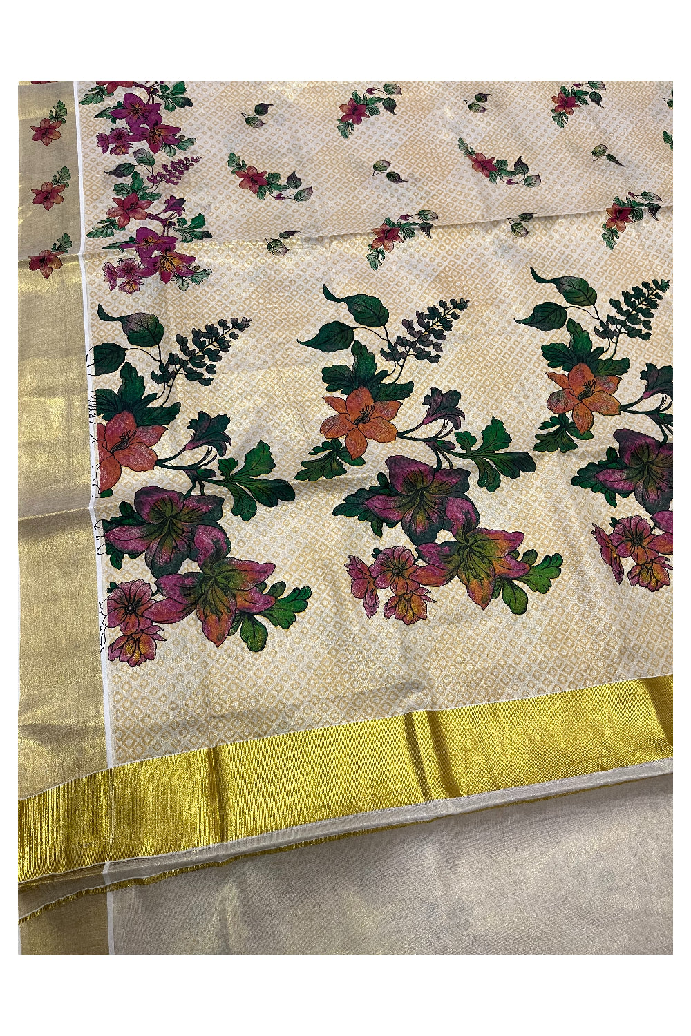 Kerala Tissue Saree with Floral Block Printed Designs with Kasavu Border