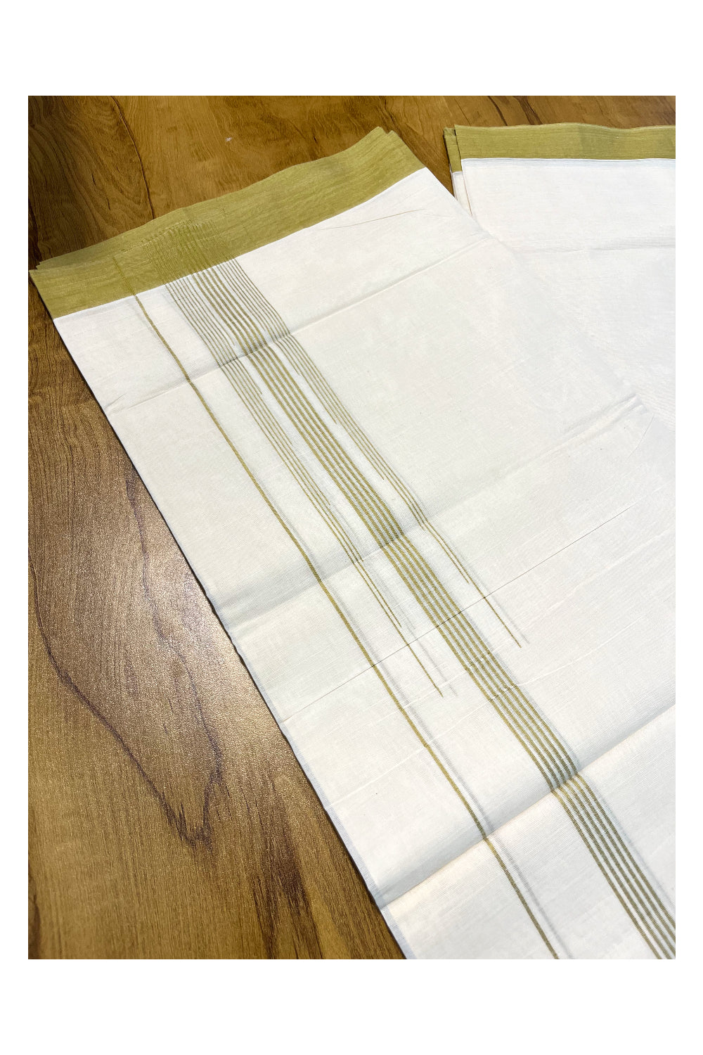 Pure Cotton Off White Double Mundu with Green Lines Border (South Indian Kerala Dhoti)