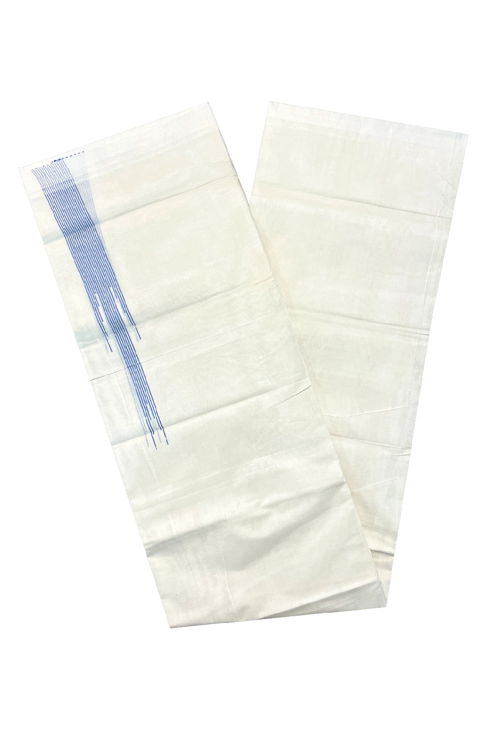 Pure Cotton Off White Double Mundu with Blue Lines Border  (South Indian Kerala Dhoti)