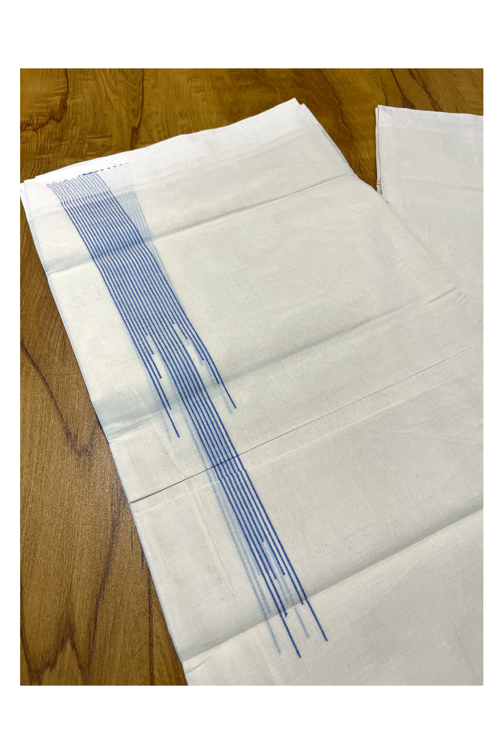 Pure Cotton Off White Double Mundu with Blue Lines Border  (South Indian Kerala Dhoti)