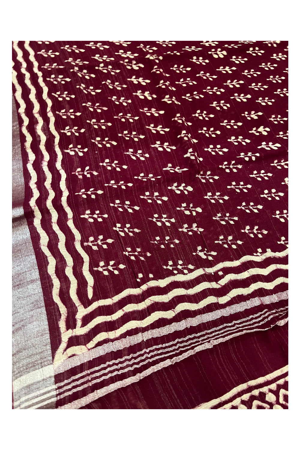 Southloom Linen Maroon Saree with White Designer Prints and Tassels works on Pallu