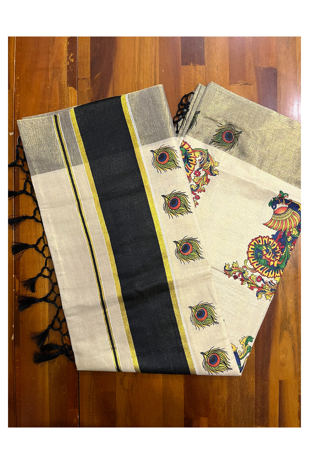 Kerala Tissue Kasavu Saree with Mural Peacock Printed Design and Black Border