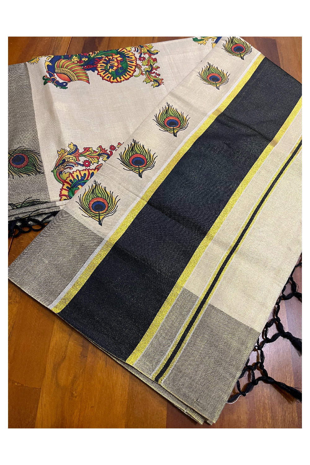 Kerala Tissue Kasavu Saree with Mural Peacock Printed Design and Black Border