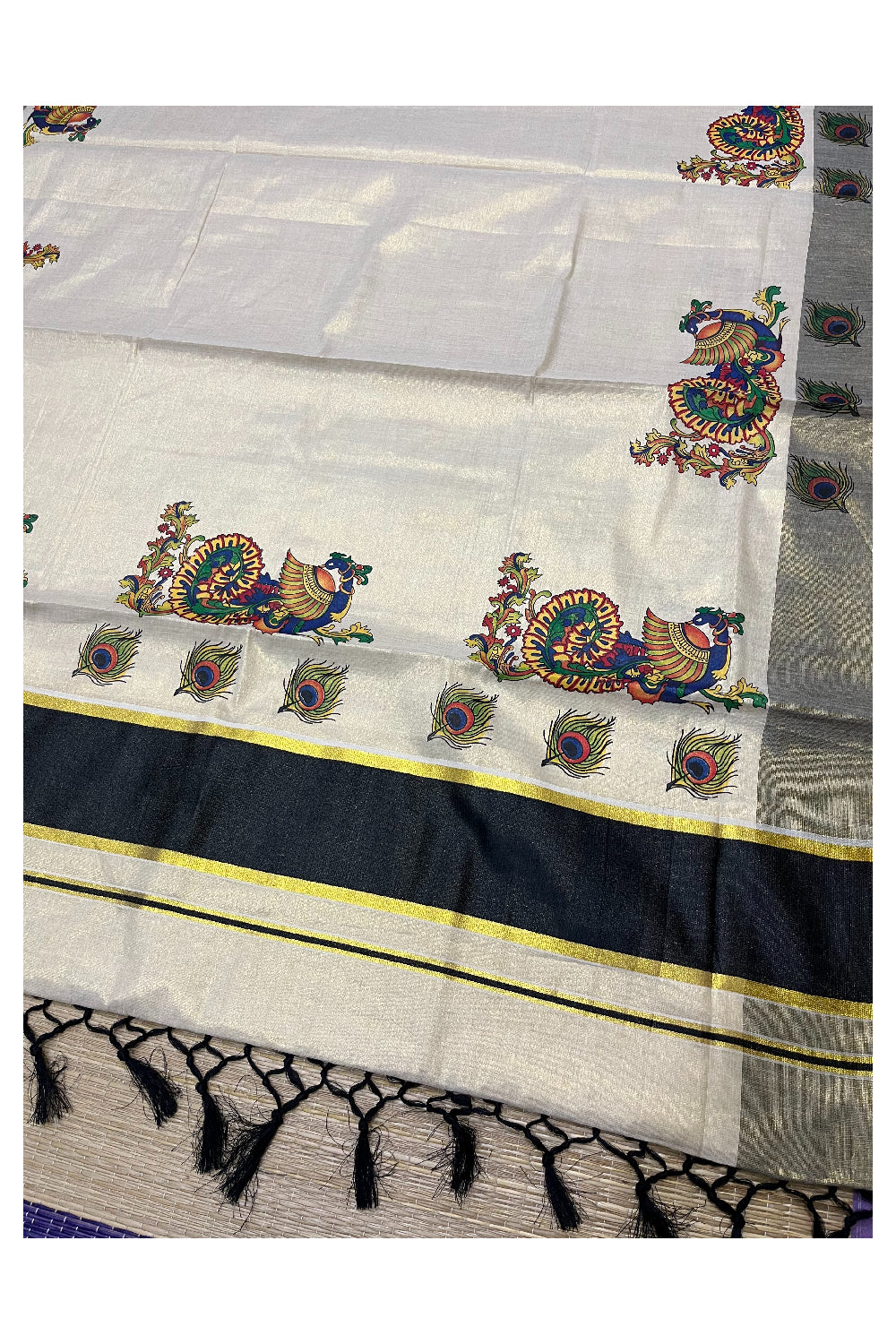 Kerala Tissue Kasavu Saree with Mural Peacock Printed Design and Black Border