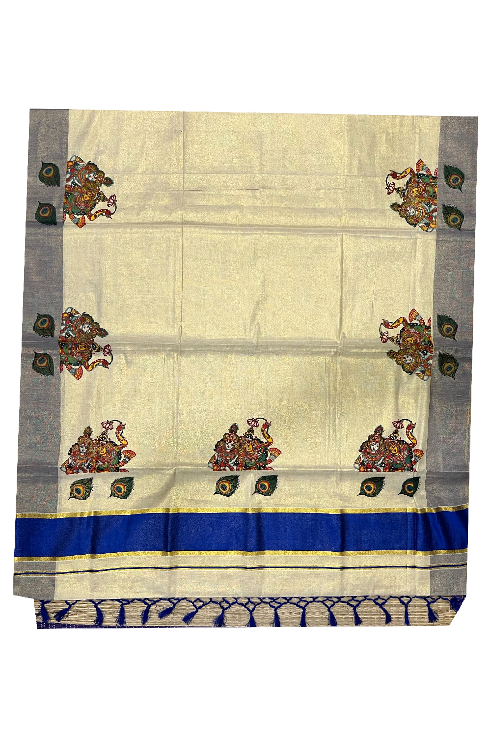 Kerala Tissue Kasavu Saree with Mural Krishna Radha Printed Design and Dark Blue Border