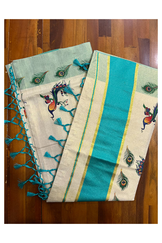 Kerala Tissue Kasavu Saree with Mural Peacock Printed Design and Turquoise Border