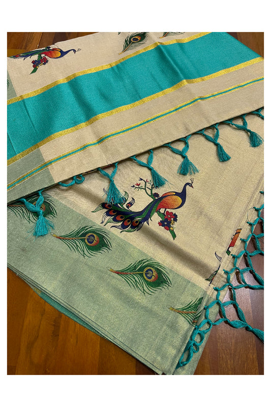 Kerala Tissue Kasavu Saree with Mural Peacock Printed Design and Turquoise Border