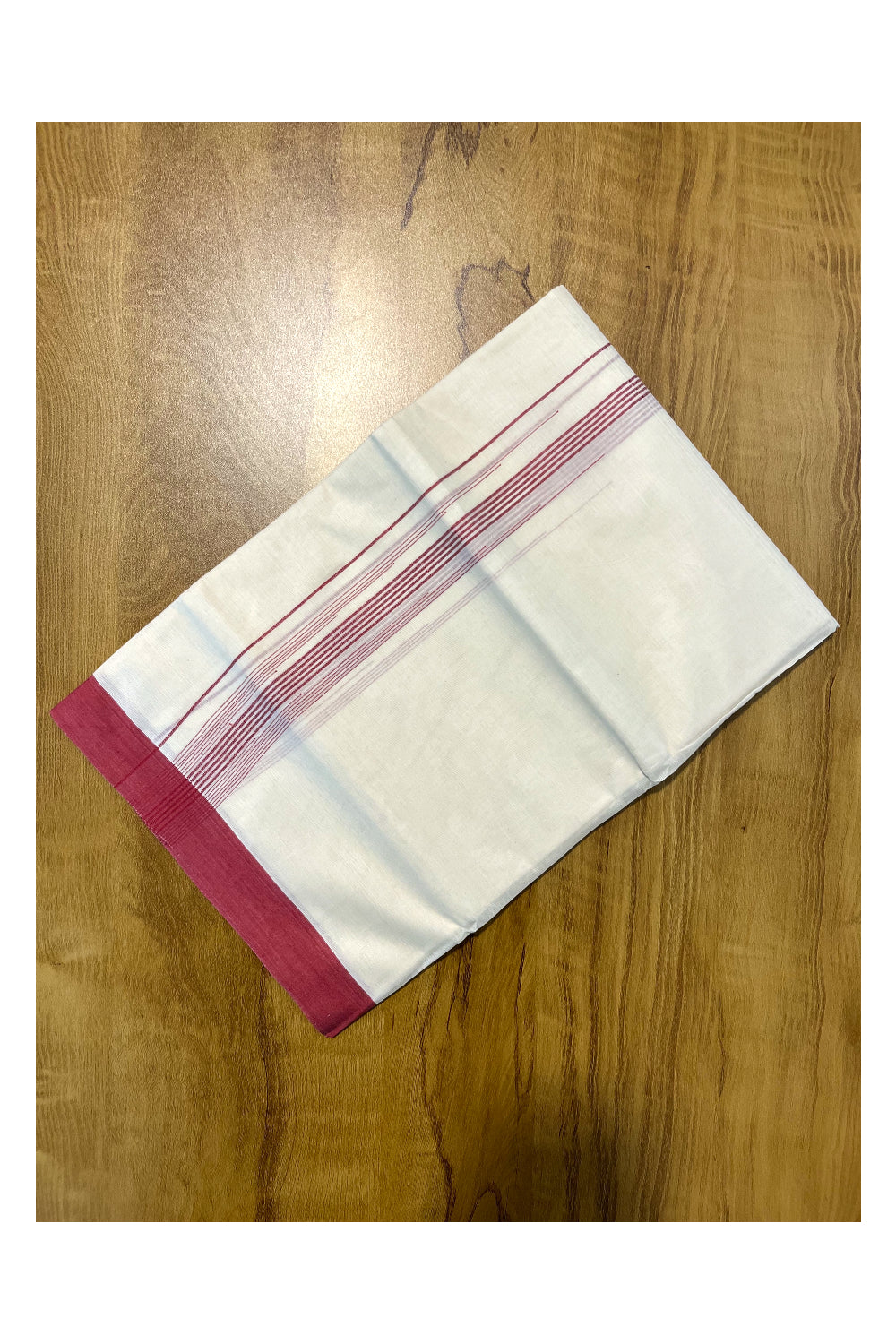 Pure Cotton Off White Double Mundu with Red Lines Border (South Indian Kerala Dhoti)