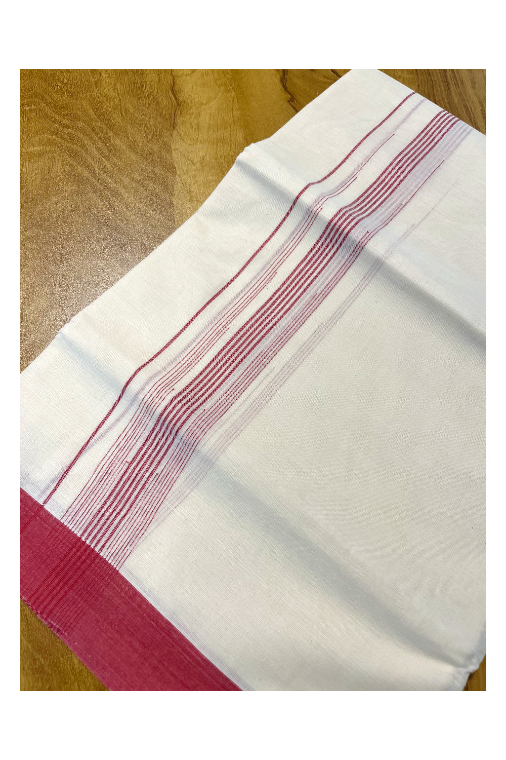 Pure Cotton Off White Double Mundu with Red Lines Border (South Indian Kerala Dhoti)