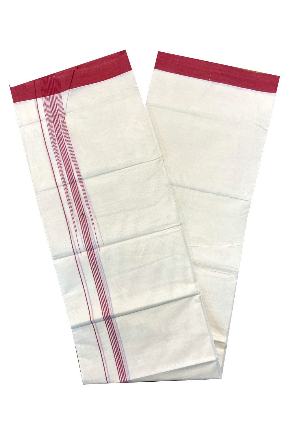 Pure Cotton Off White Double Mundu with Red Lines Border (South Indian Kerala Dhoti)