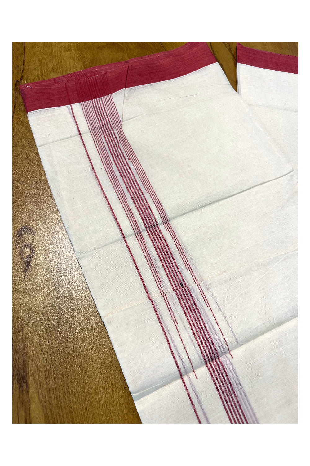 Pure Cotton Off White Double Mundu with Red Lines Border (South Indian Kerala Dhoti)