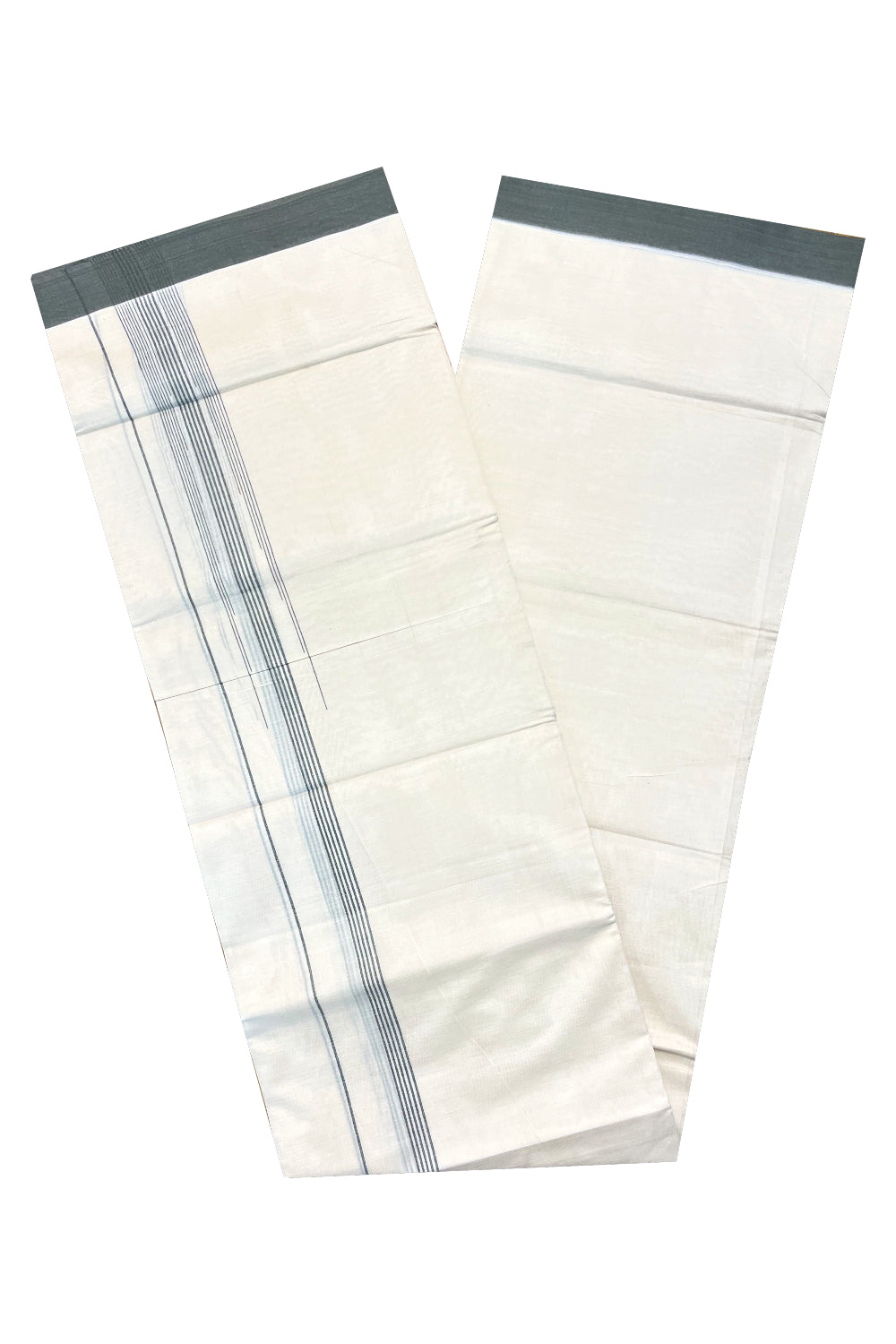 Pure Cotton Off White Double Mundu with Grey Lines Border (South Indian Kerala Dhoti)