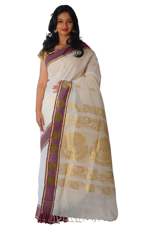 Kerala Kasavu Heavy Woven Work Saree with Maroon Border