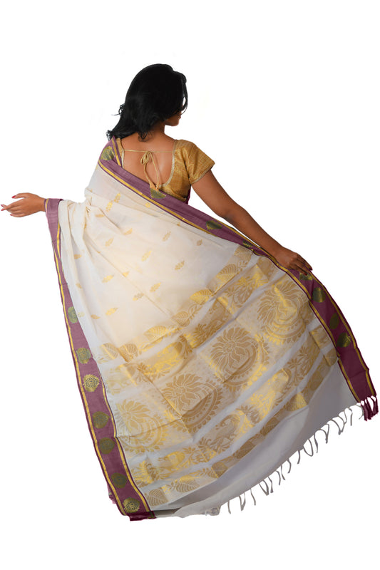 Kerala Kasavu Heavy Woven Work Saree with Maroon Border