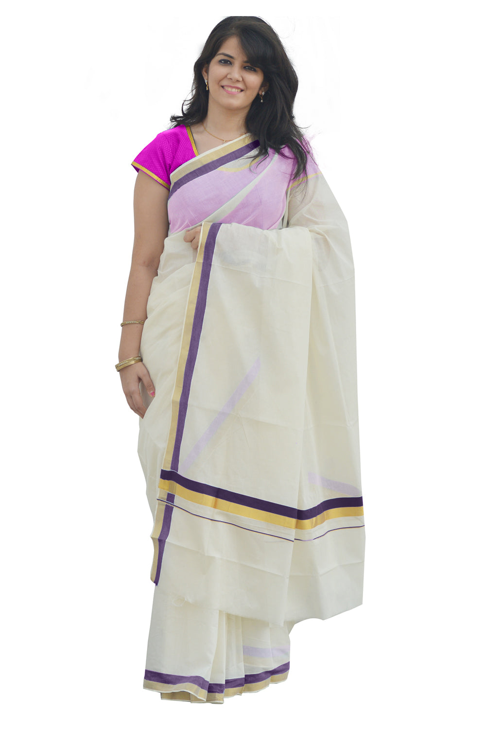 Kerala Kasavu and Purple Colour Border Saree