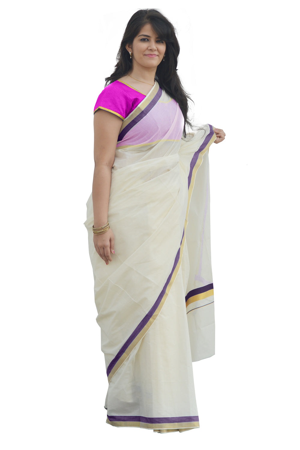 Kerala Kasavu and Purple Colour Border Saree