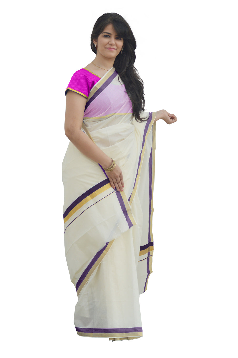 Kerala Kasavu and Purple Colour Border Saree