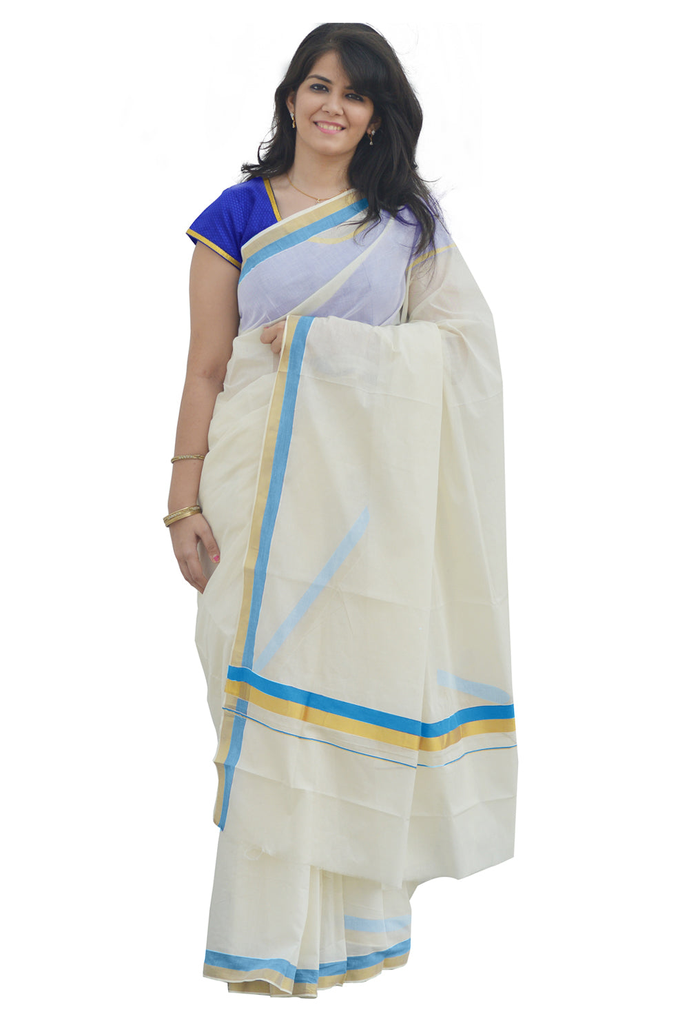 Kerala Kasavu and Turquoise Colour Border Saree