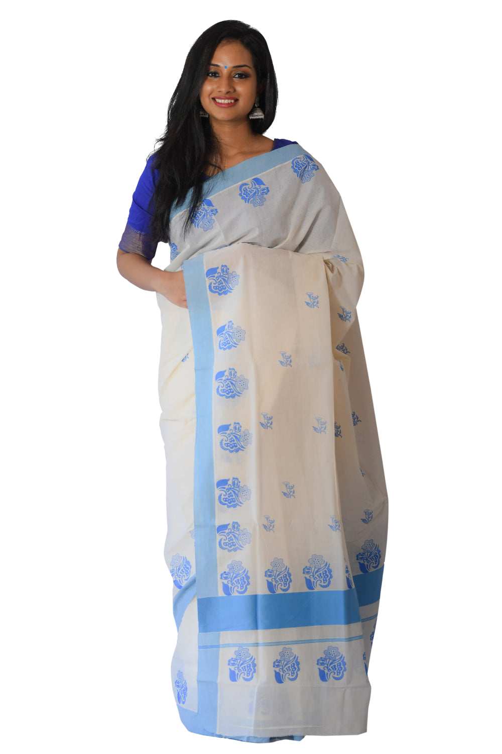 Kerala Saree with Light Blue Floral Block Print