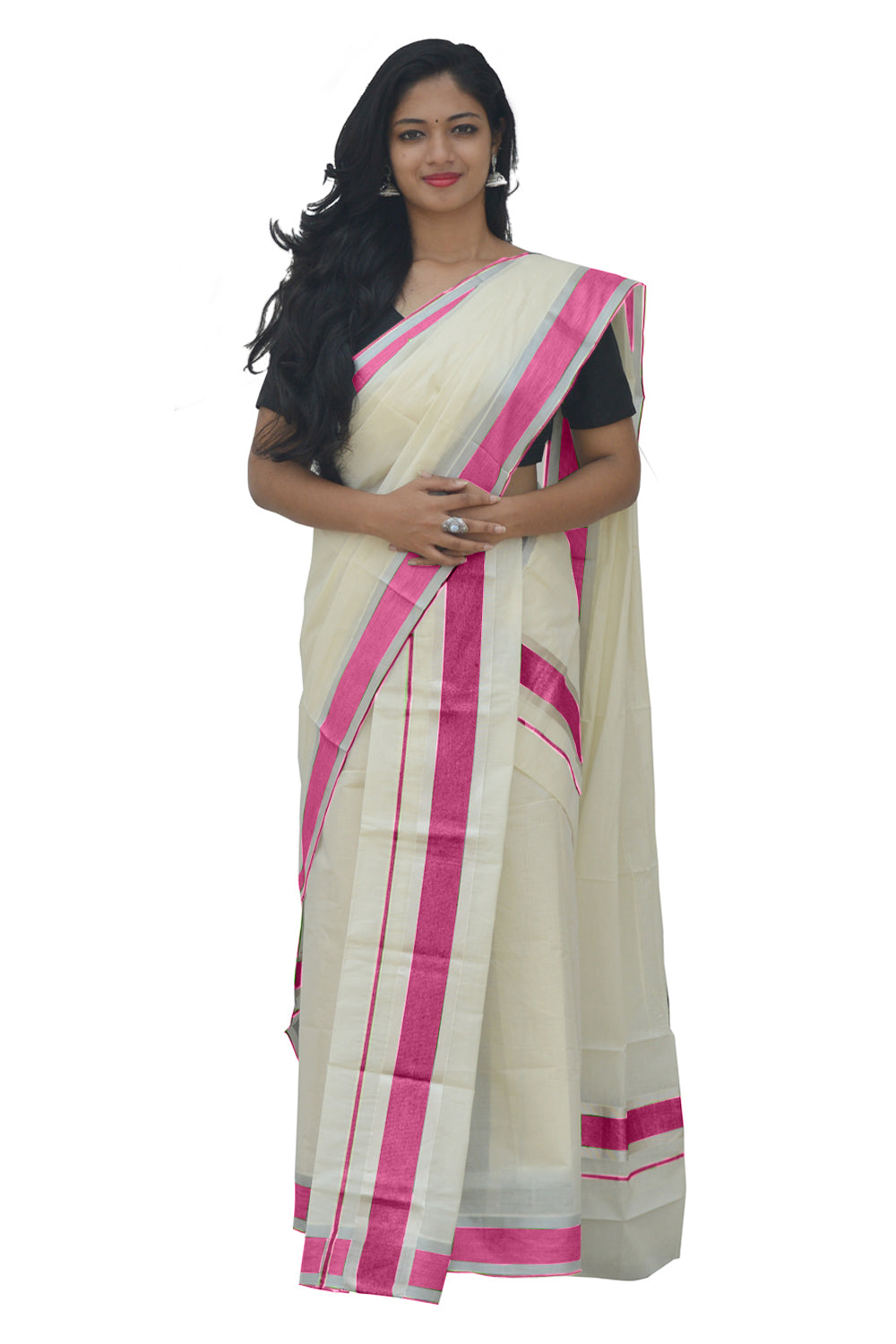 Mundum Neriyathum Single (Set Mundu) with Silver Kasavu and Pink Border