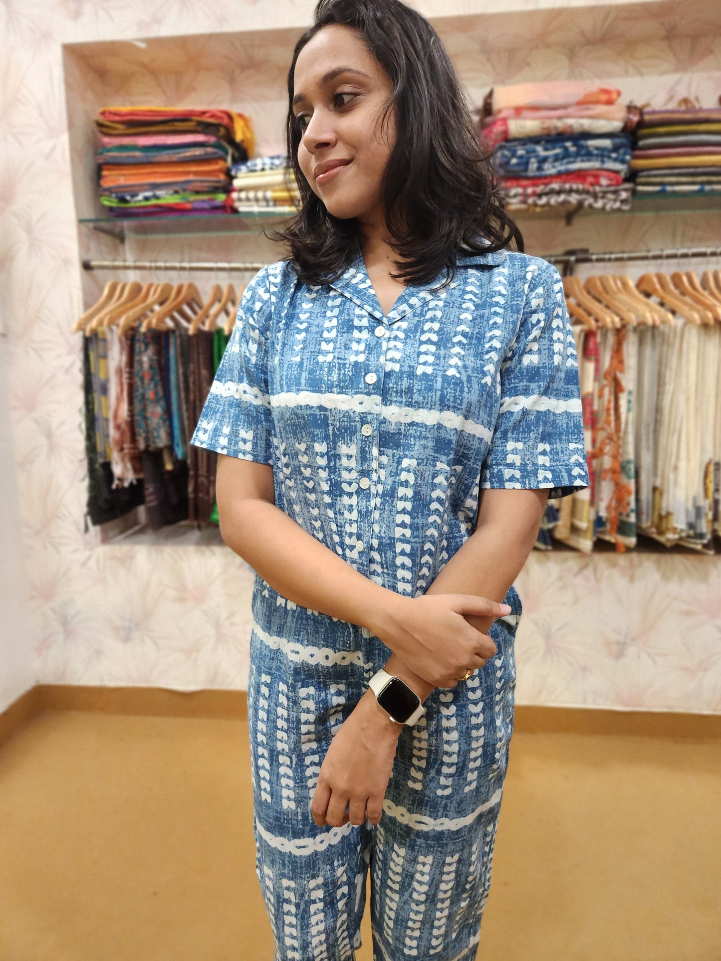 Southloom Co-Ord Set for Women in Blue Block Printed Cotton Fabric (Shirt and Trousers)