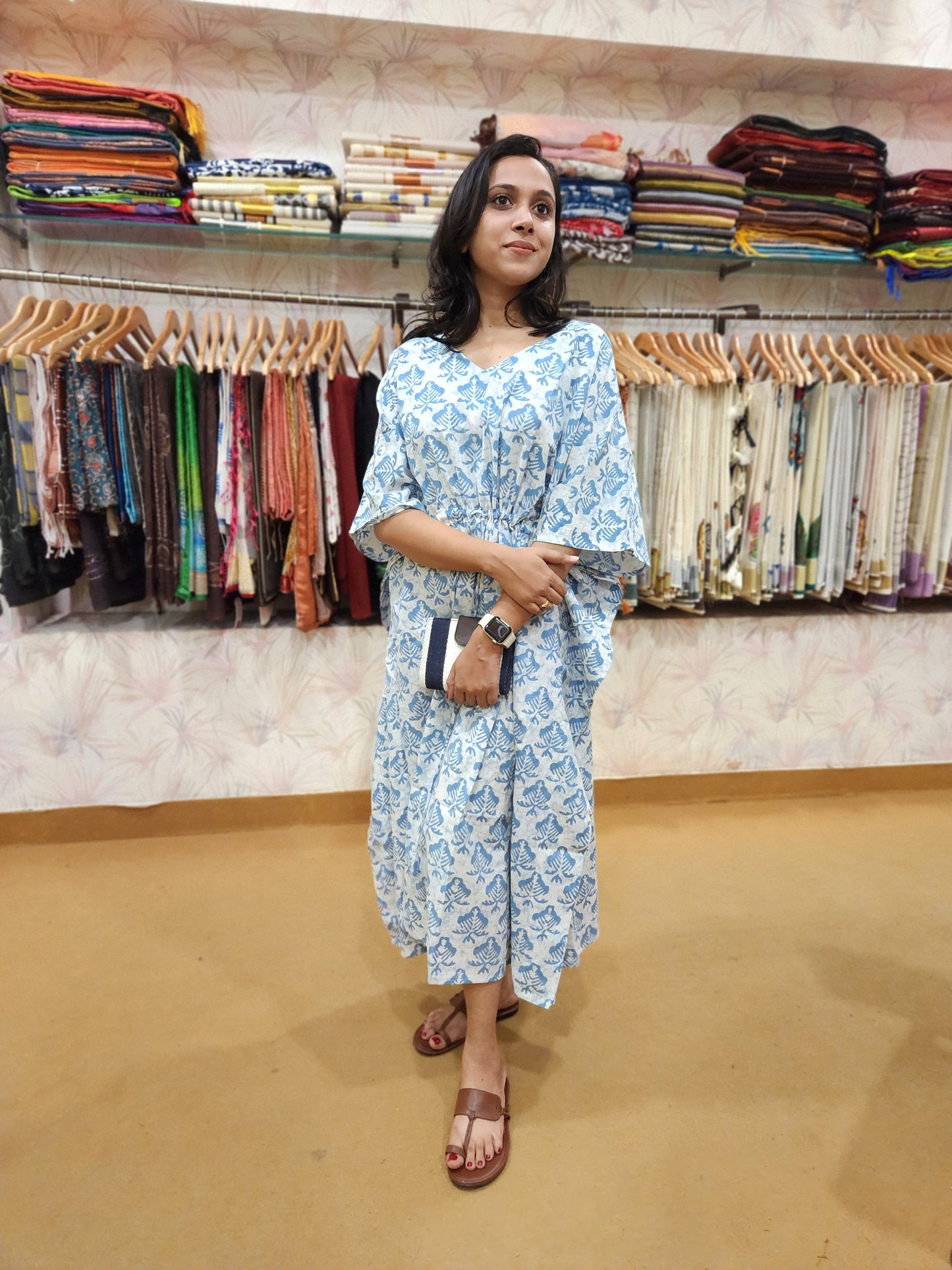 Southloom Cotton Kaftan with Blue Hand Block Prints in White Base