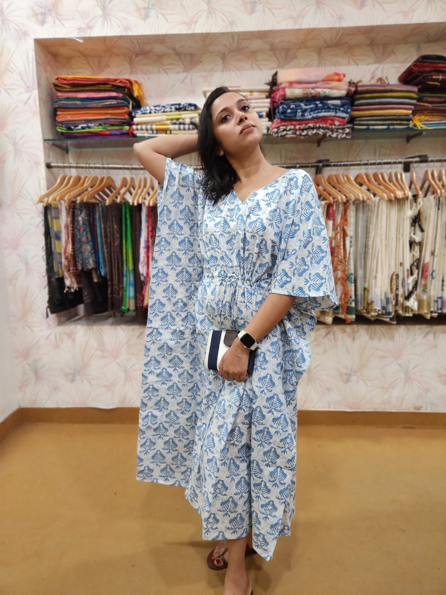 Southloom Cotton Kaftan with Blue Hand Block Prints in White Base